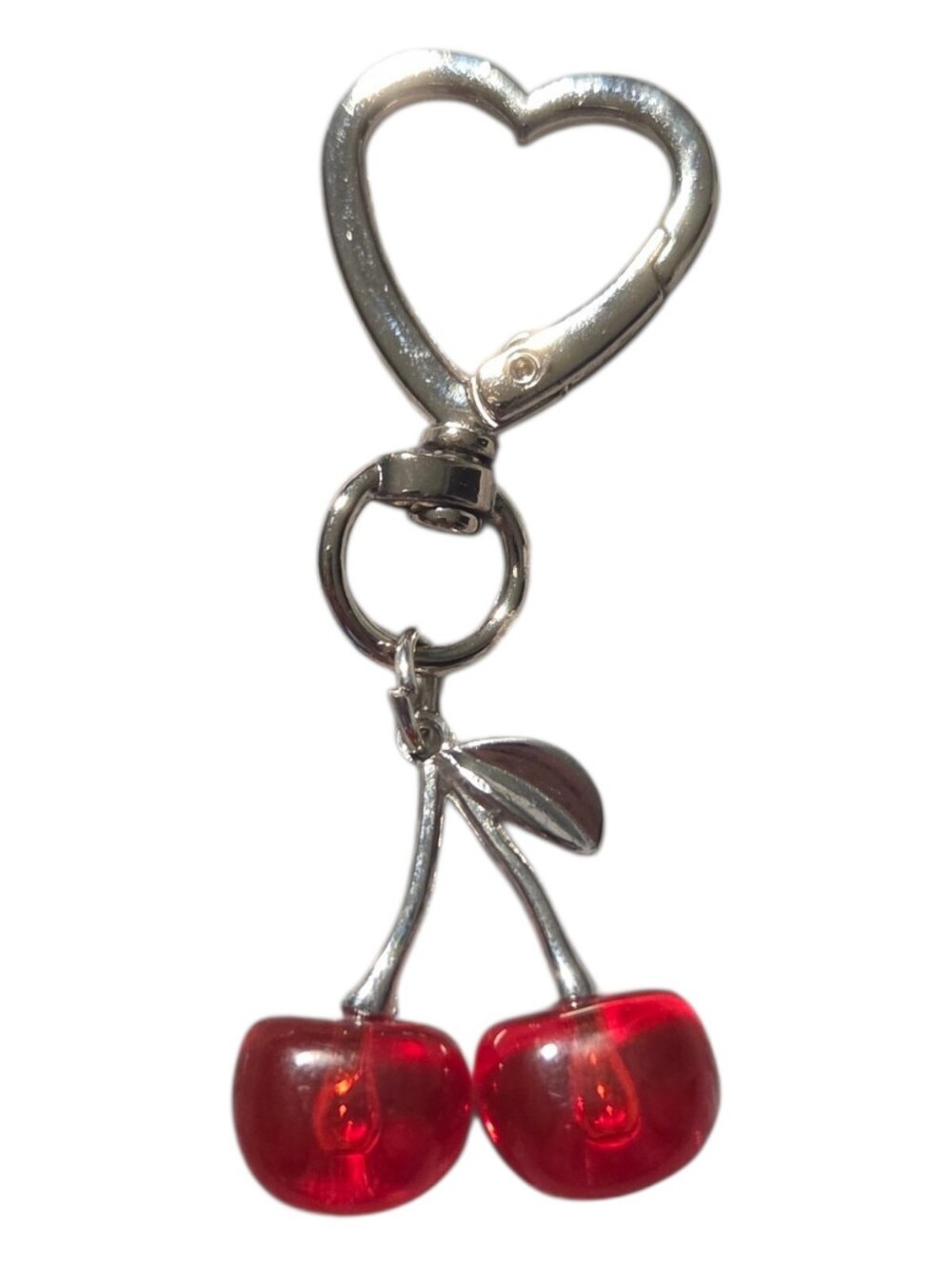 Y2K Red Acrylic Cherry Bag Charm Heart Clasp Silver Keychain, NEW